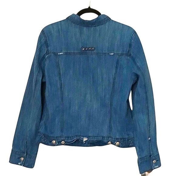 Y2K Womens Jean Jacket Size L Rustic Western Distressed Beaded Trucker Blue - Picture 3 of 6